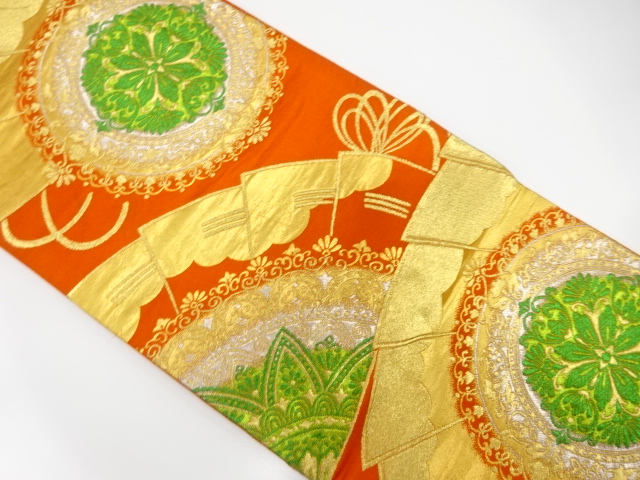 JAPANESE KIMONO / ANTIQUE FUKURO OBI / SILK / WOVEN FLORAL CREST & FAN